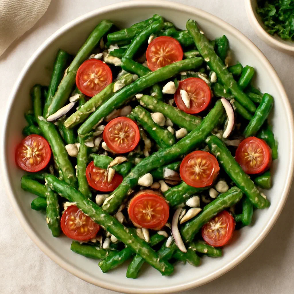 Green bean salad with finely chopped onions in a light vinegar dressing