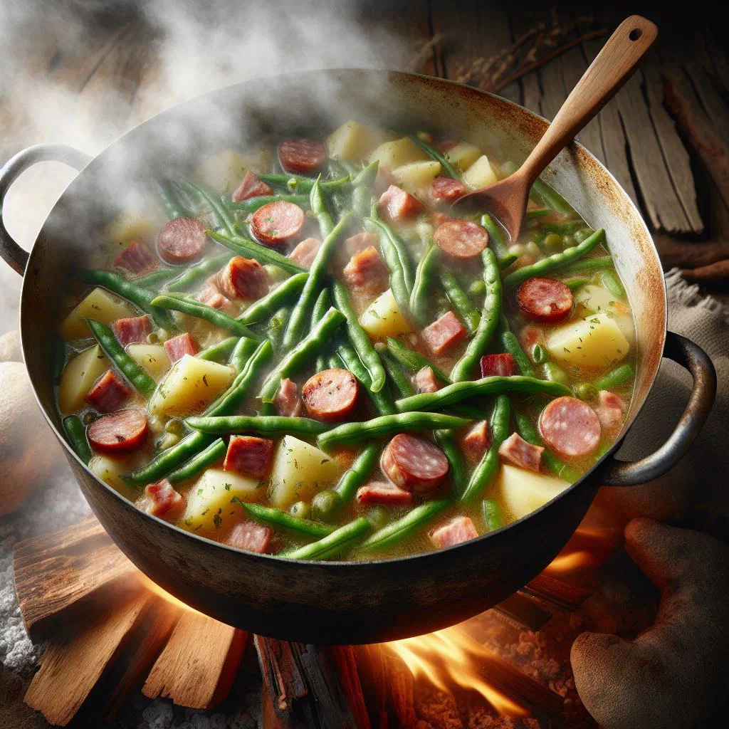 Hearty green bean and potato stew with bacon in a rustic bowl