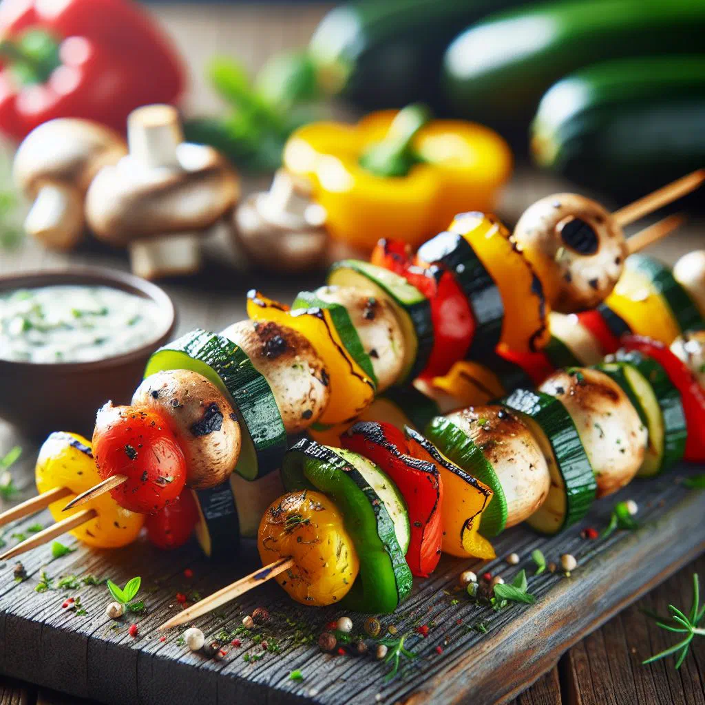 Colourful grilled vegetable skewers served with a fresh herb dip