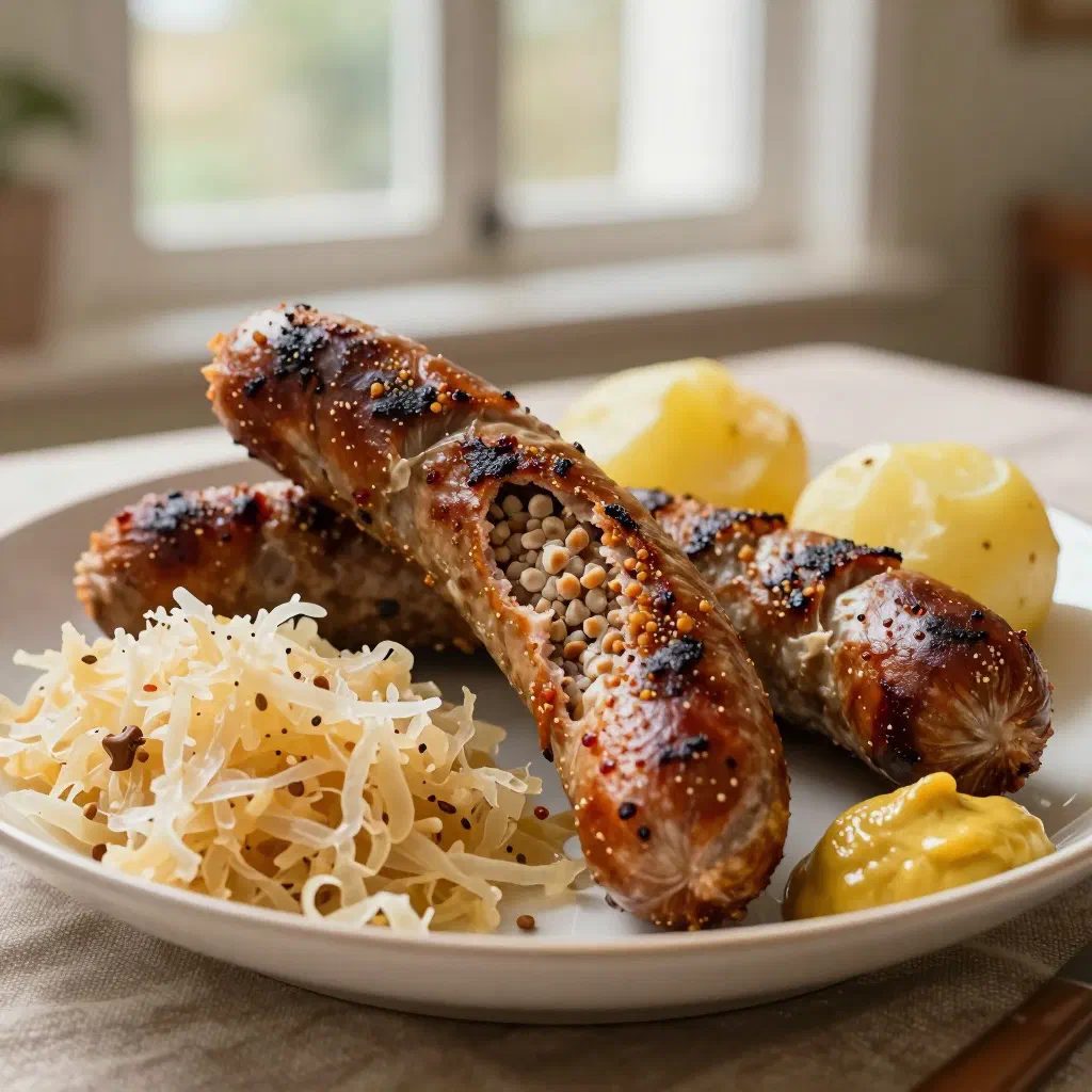 Pan-fried grits sausage with golden onions, served hot
