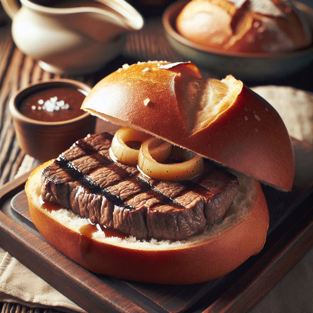 Warm Hamburg beef roll with tender braised beef and gravy in a fresh bread roll