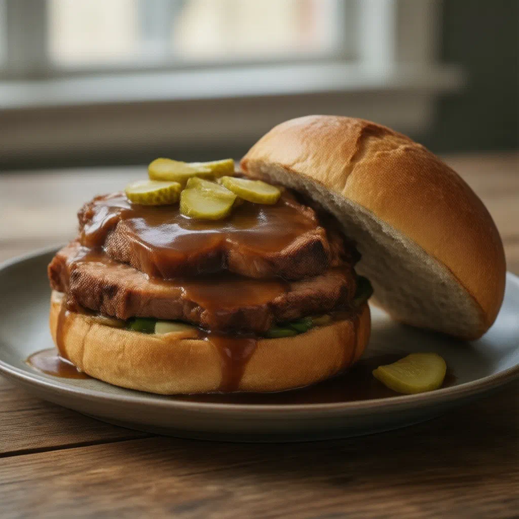 Warm Hamburg beef roll with tender braised beef and gravy in a fresh bread roll