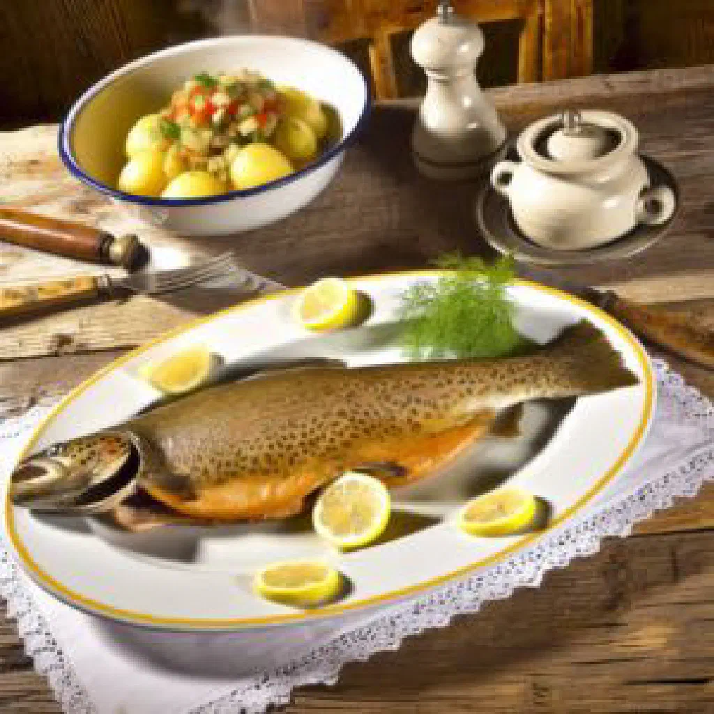 Pan-fried Harz brook trout garnished with fresh dill and lemon