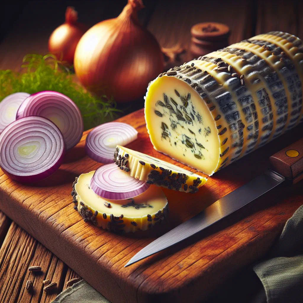 Slices of Harzer Roller cheese topped with golden fried onions on rustic bread