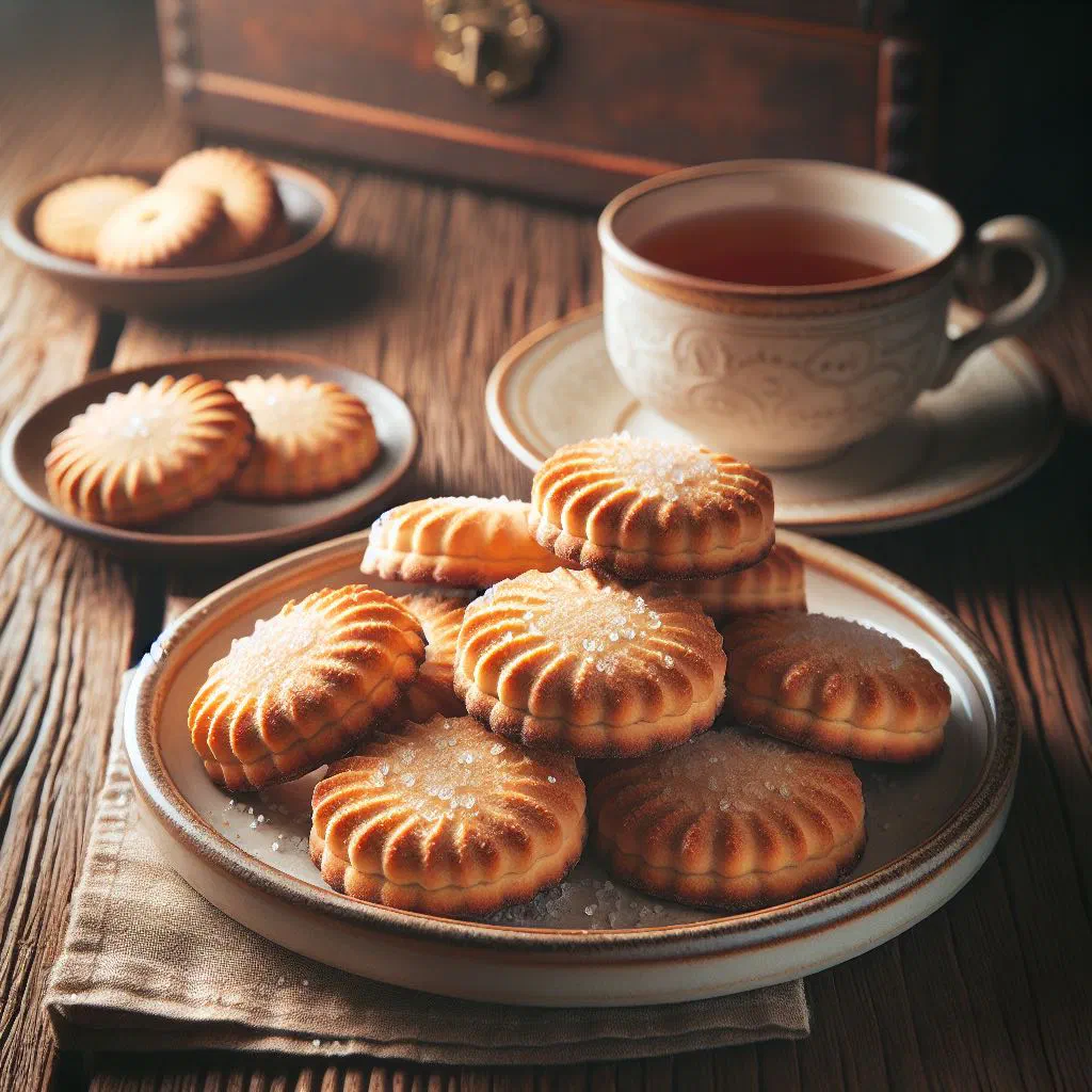 Round Heidesand shortbread butter biscuits dusted with sugar on a plate