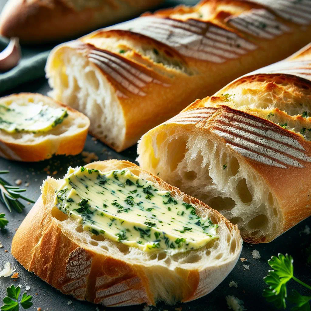 Sliced herb butter baguette with melted butter and chopped fresh herbs