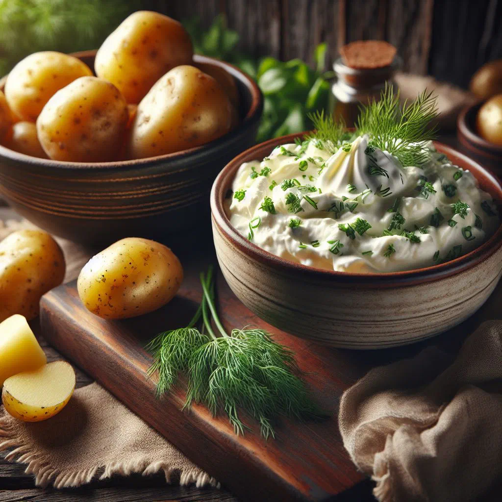 Boiled potatoes served with a bowl of creamy herb quark and fresh chives