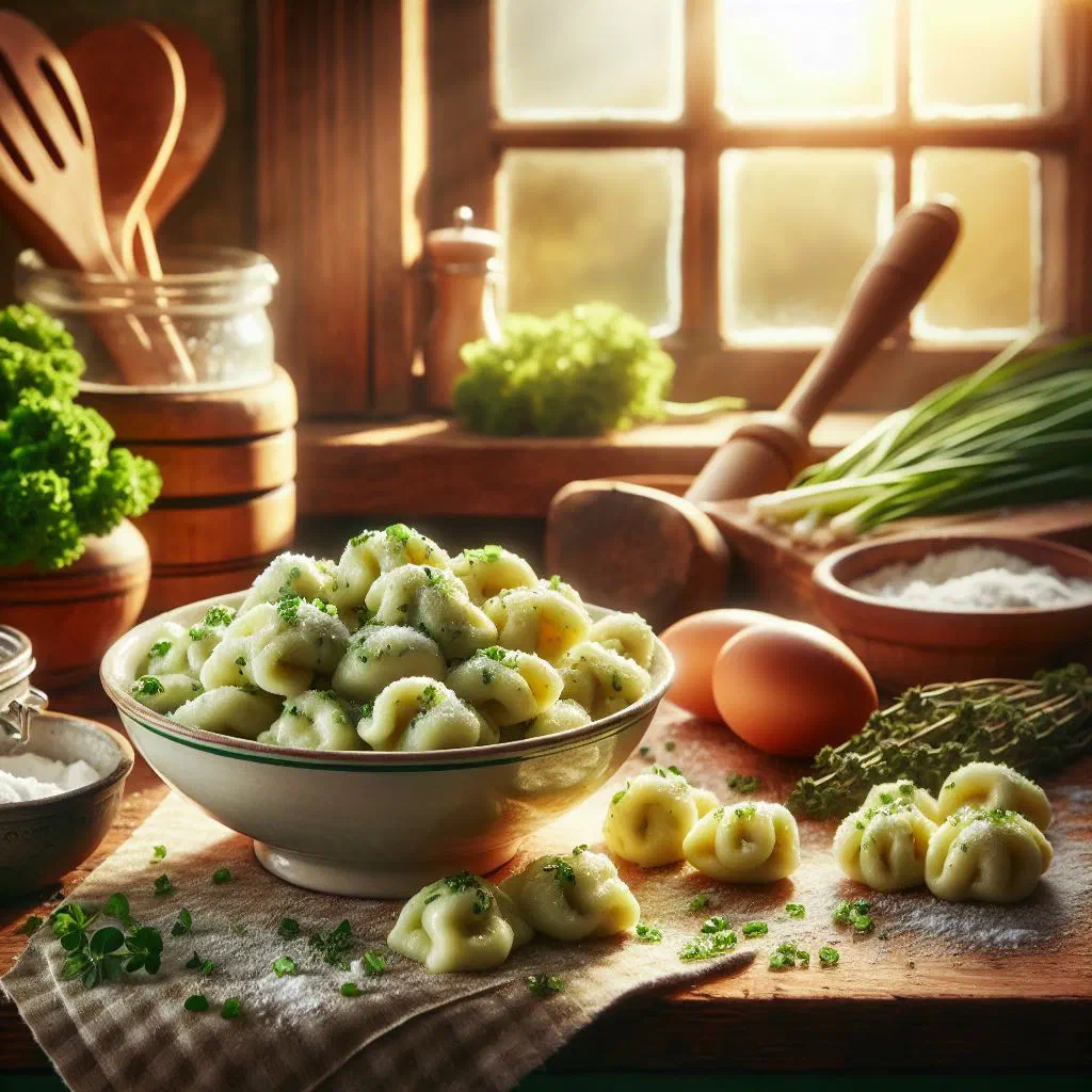 Buttery herb spätzle scattered with fresh chopped parsley and chives