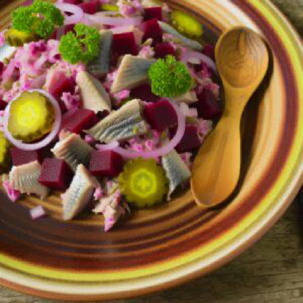 A bowl of German herring salad with beetroot, apple and fresh dill