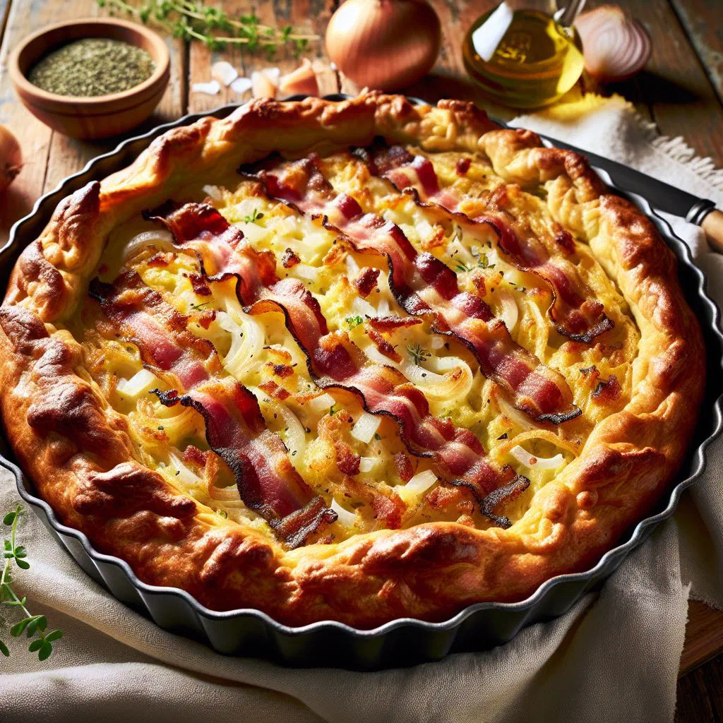 Golden Hessian bacon cake with smoked bacon, onions and a creamy egg topping
