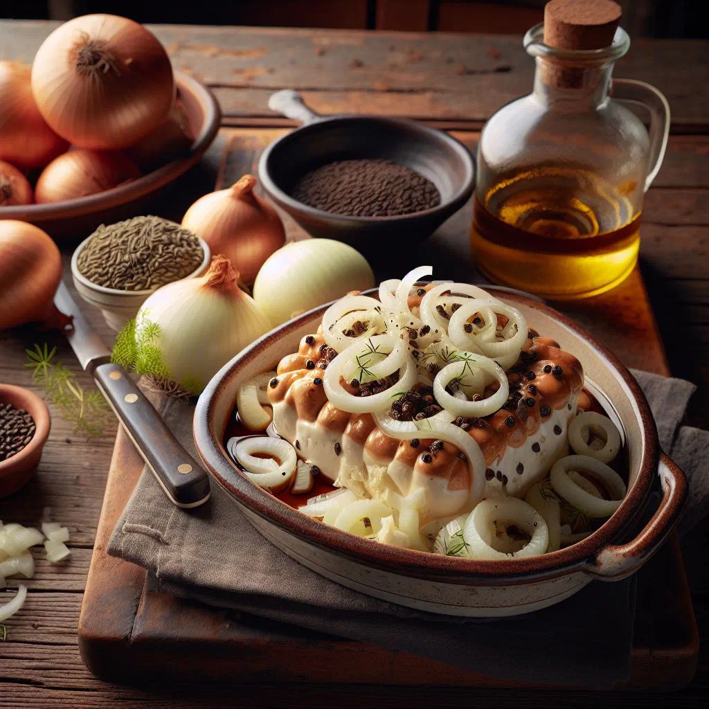 Hessian hand cheese topped with onion rings in a vinegar marinade, served with bread