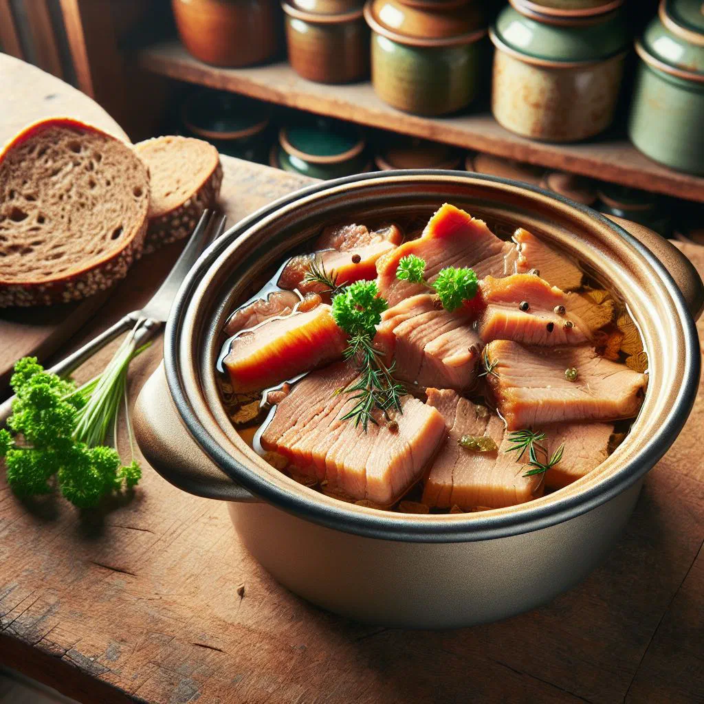 Holstein soured pork in jellied stock garnished with fresh dill