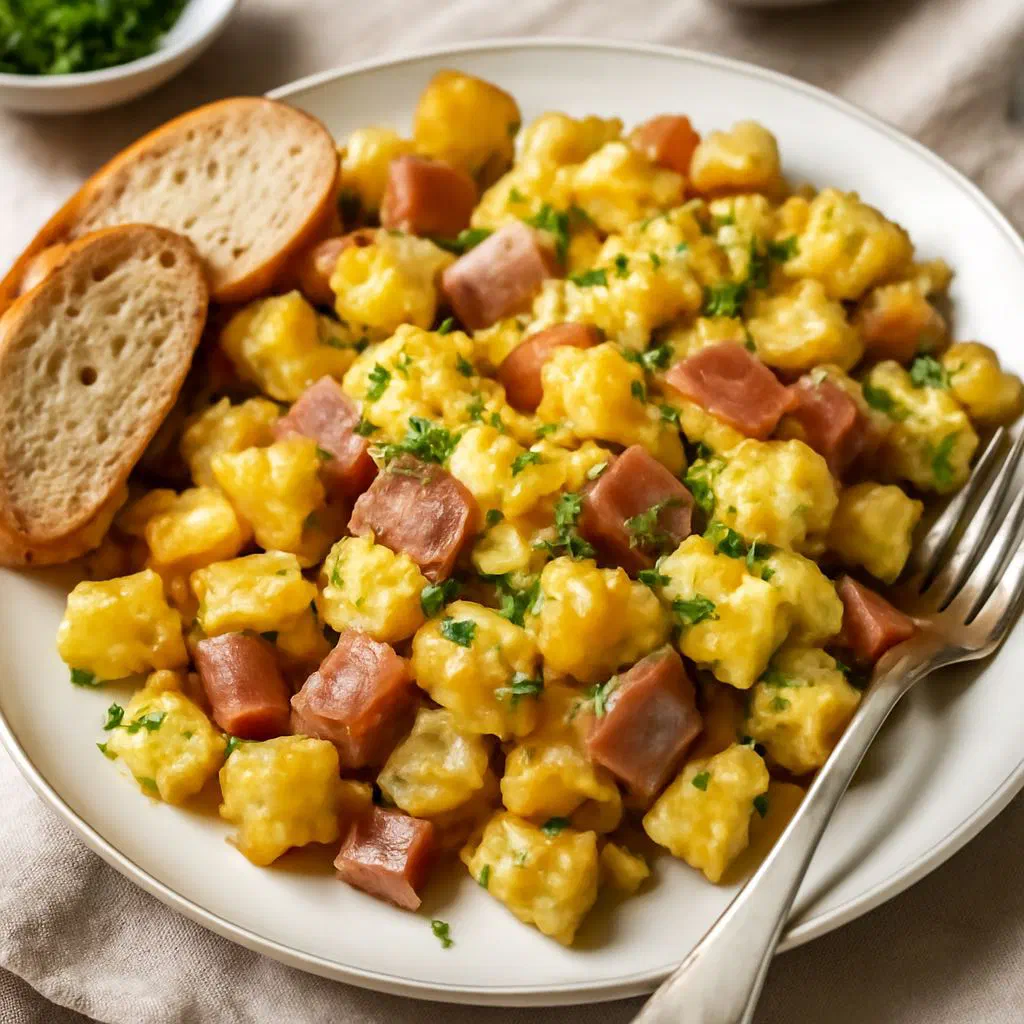 Hoppel Poppel of golden fried potatoes, eggs and bacon in a pan