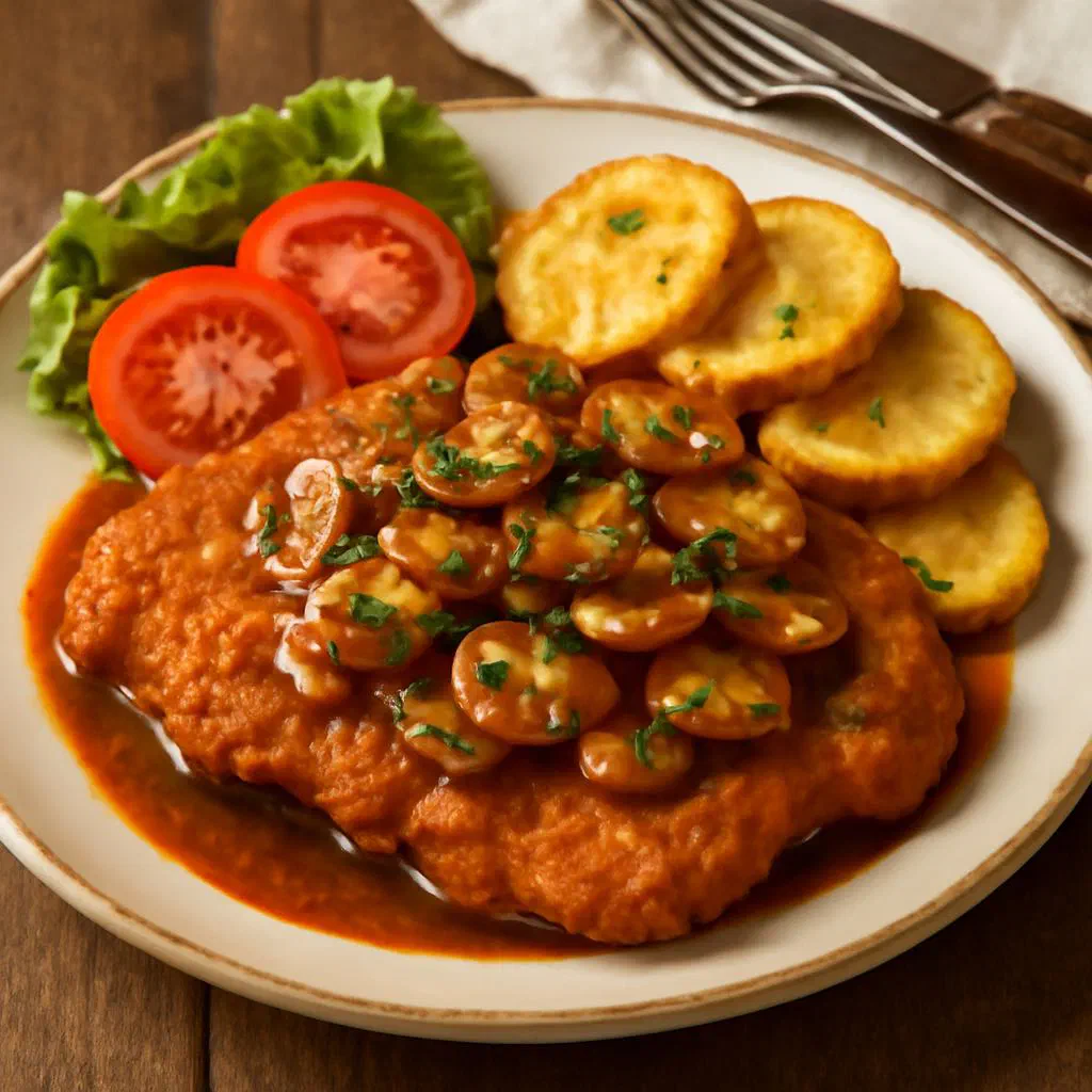 Breaded Jägerschnitzel slices served with tomato sauce and spiral pasta