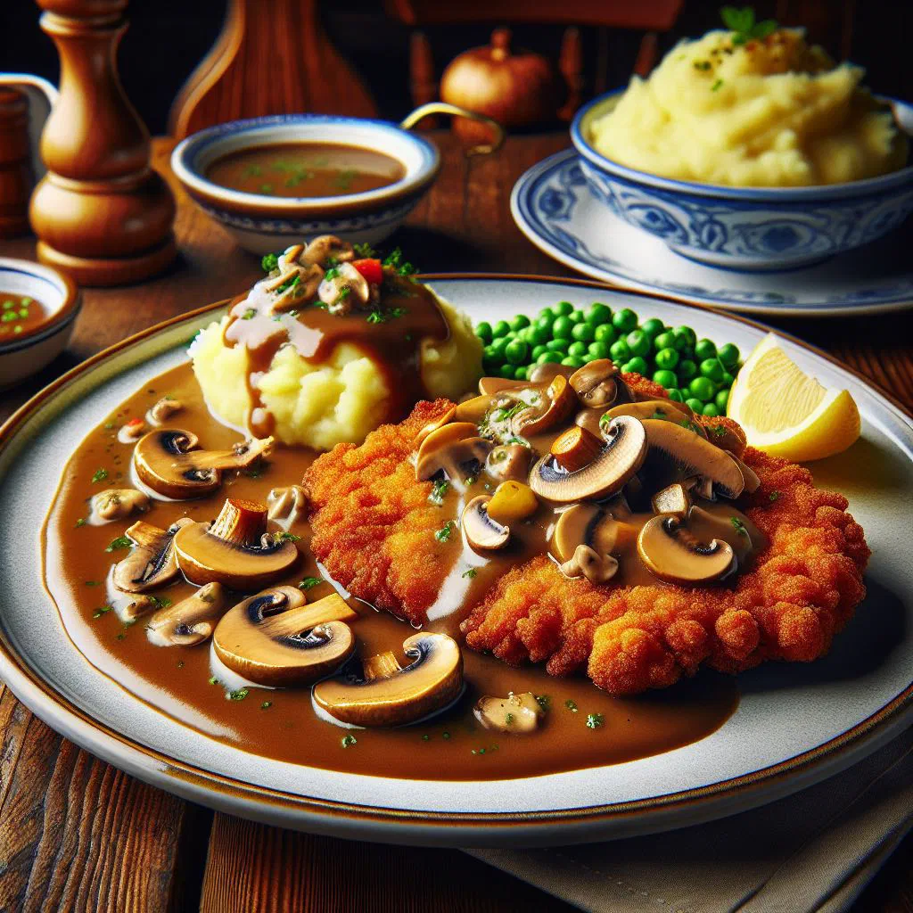 Breaded pork schnitzel topped with creamy mushroom sauce on a plate