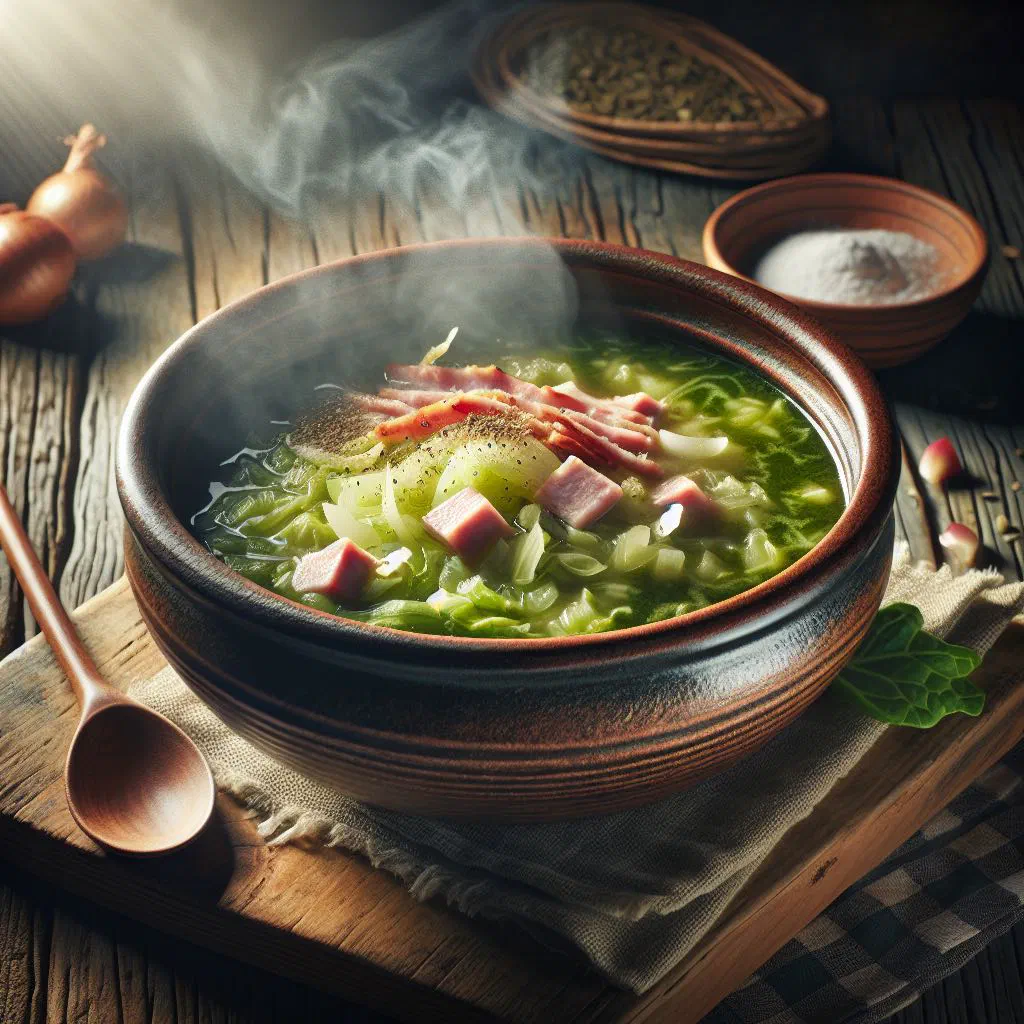 A bowl of hearty German kale soup with potatoes and sausage