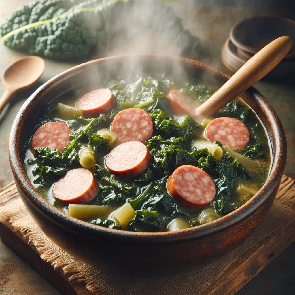 Hearty kale stew with sliced mettwurst and potatoes in a rustic bowl