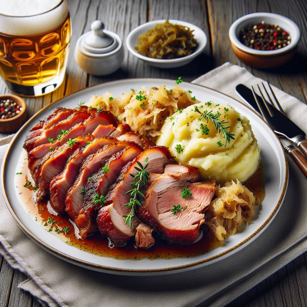 Kasseler smoked pork chops served with potatoes and apples