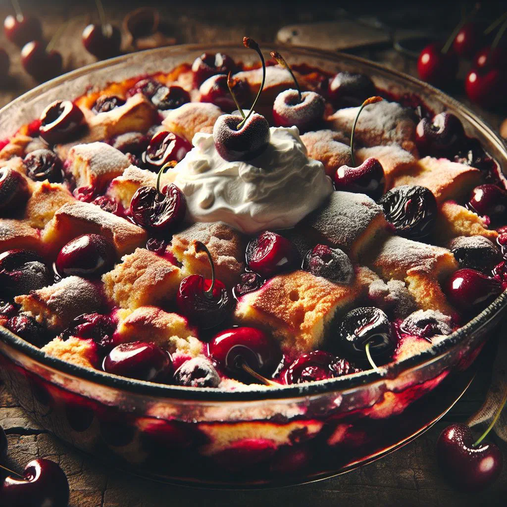 Golden-baked Kirschenmichel cherry bread pudding dusted with icing sugar