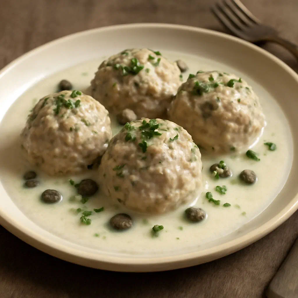 Königsberger Klopse meatballs in creamy caper sauce with boiled potatoes