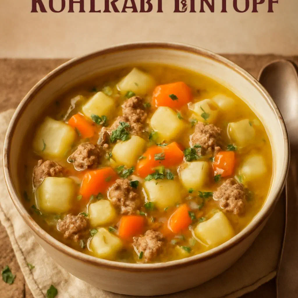 A bowl of creamy kohlrabi stew with potatoes, sliced sausage and parsley