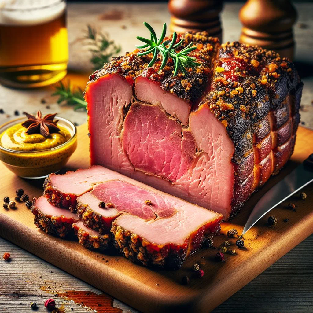 Golden-brown Leberkäse loaf sliced and ready to serve