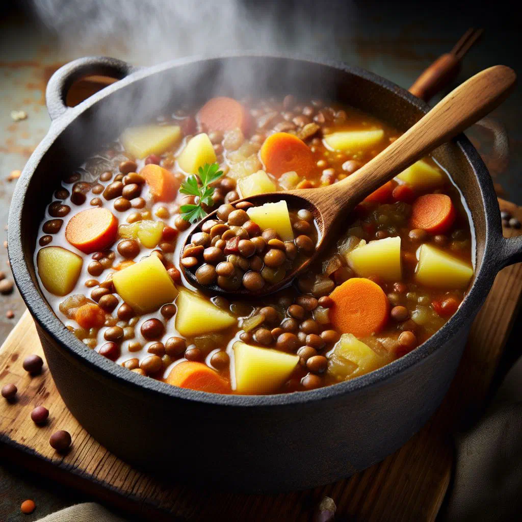 A bowl of hearty German lentil stew garnished with fresh parsley