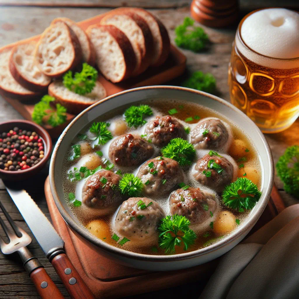 Bavarian liver dumplings served in a clear broth with chopped parsley
