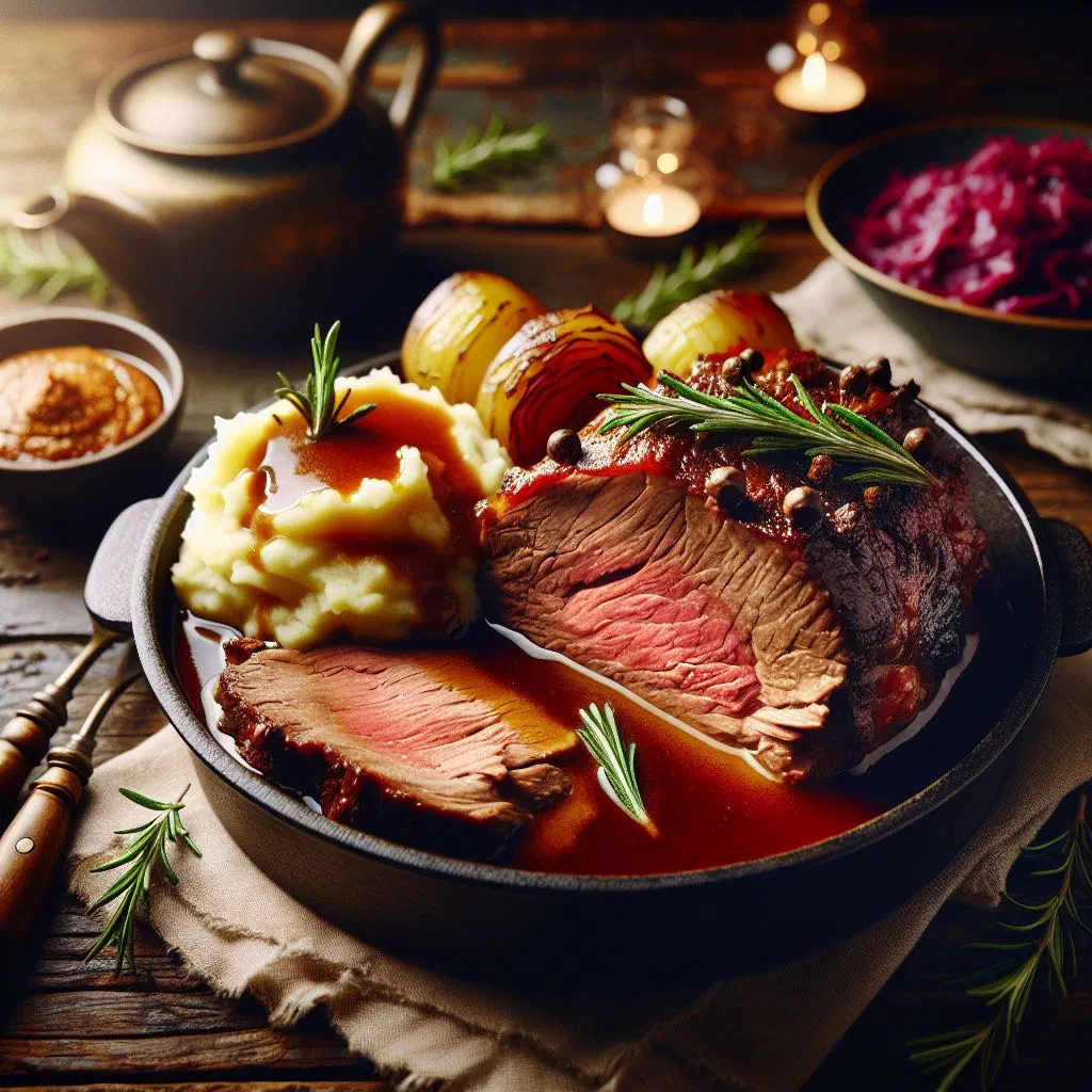 Sliced Lower Saxon Snirtjebraten in rich gravy with potatoes