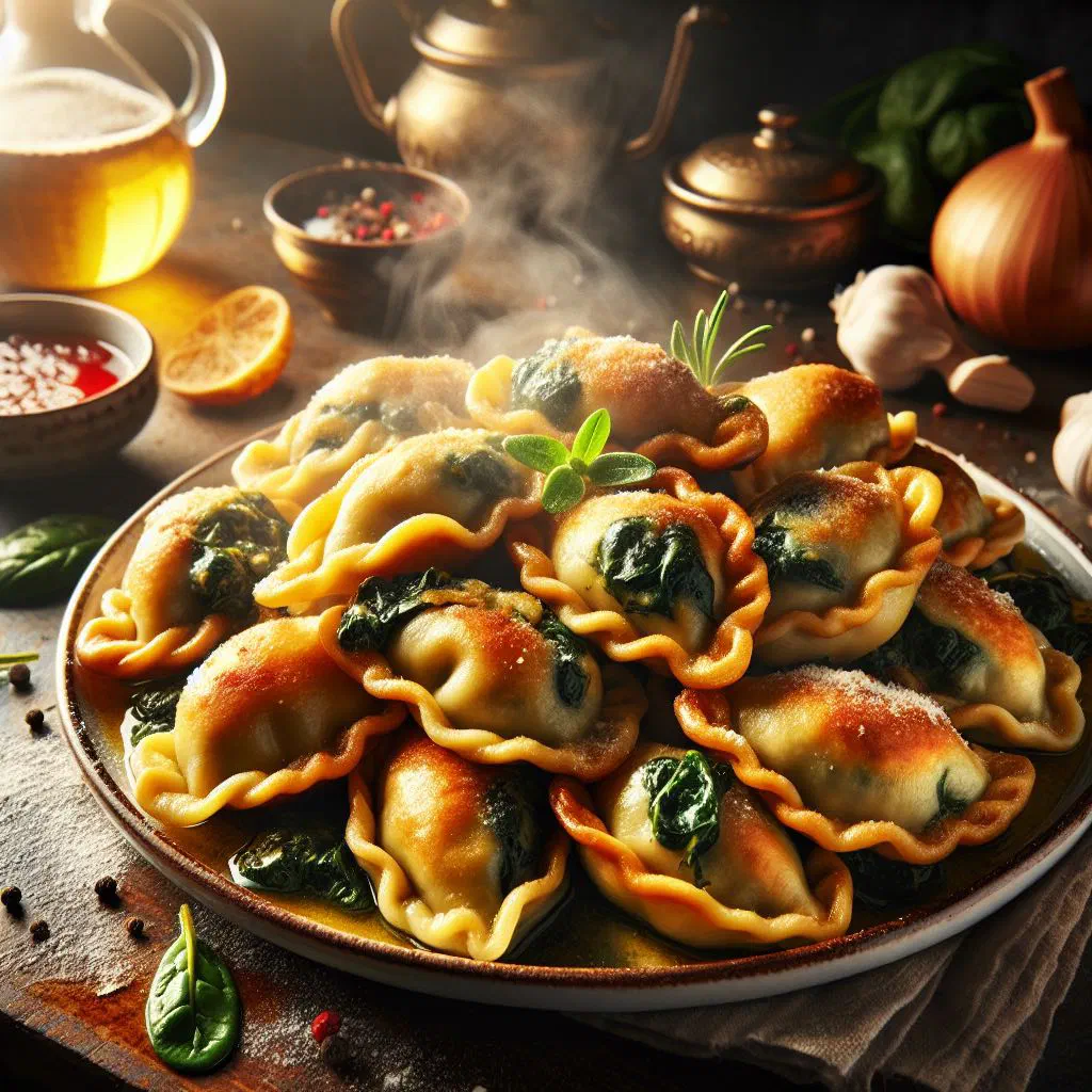 Swabian Maultaschen served in clear broth with chopped herbs