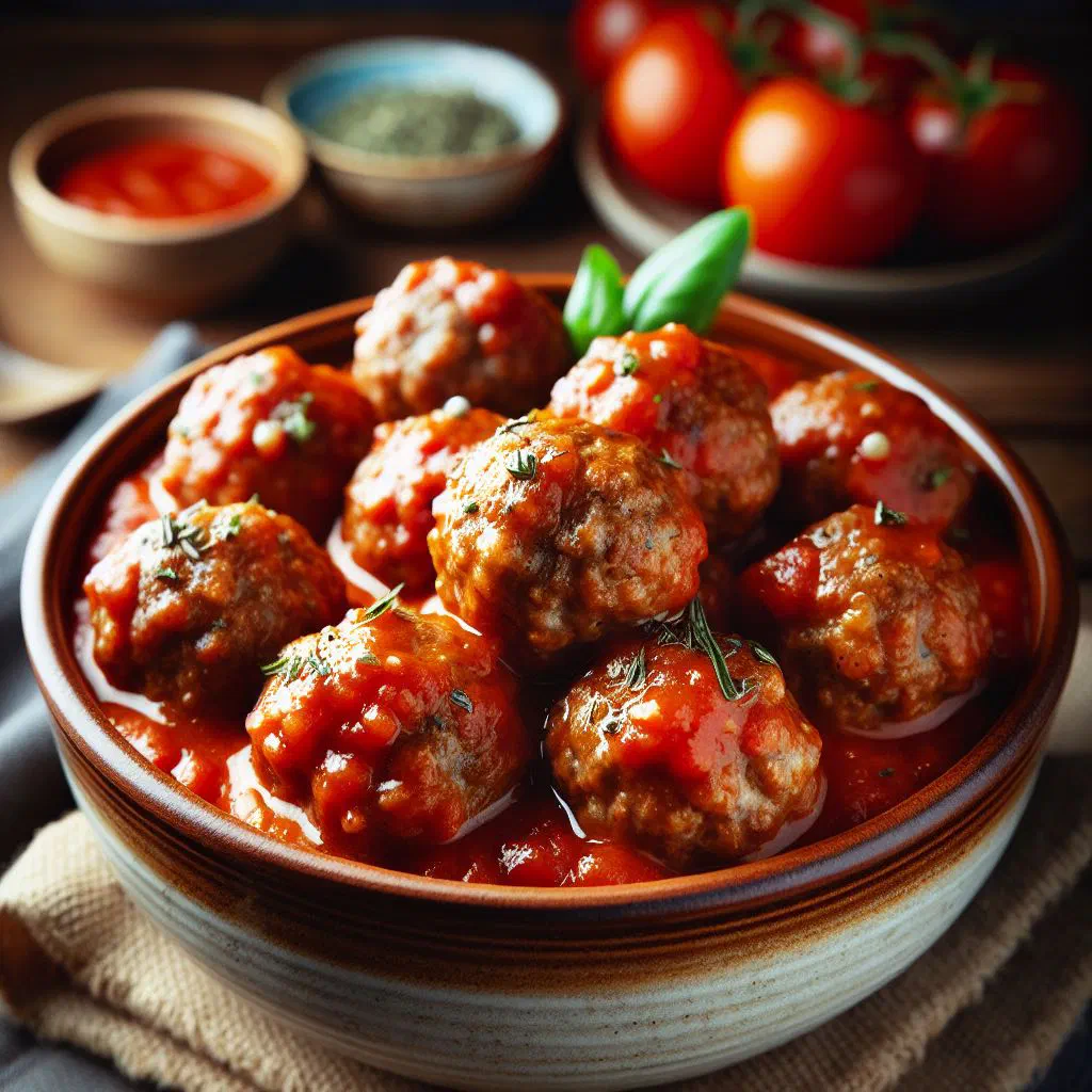 German meatballs simmering in a rich tomato sauce, garnished with fresh parsley