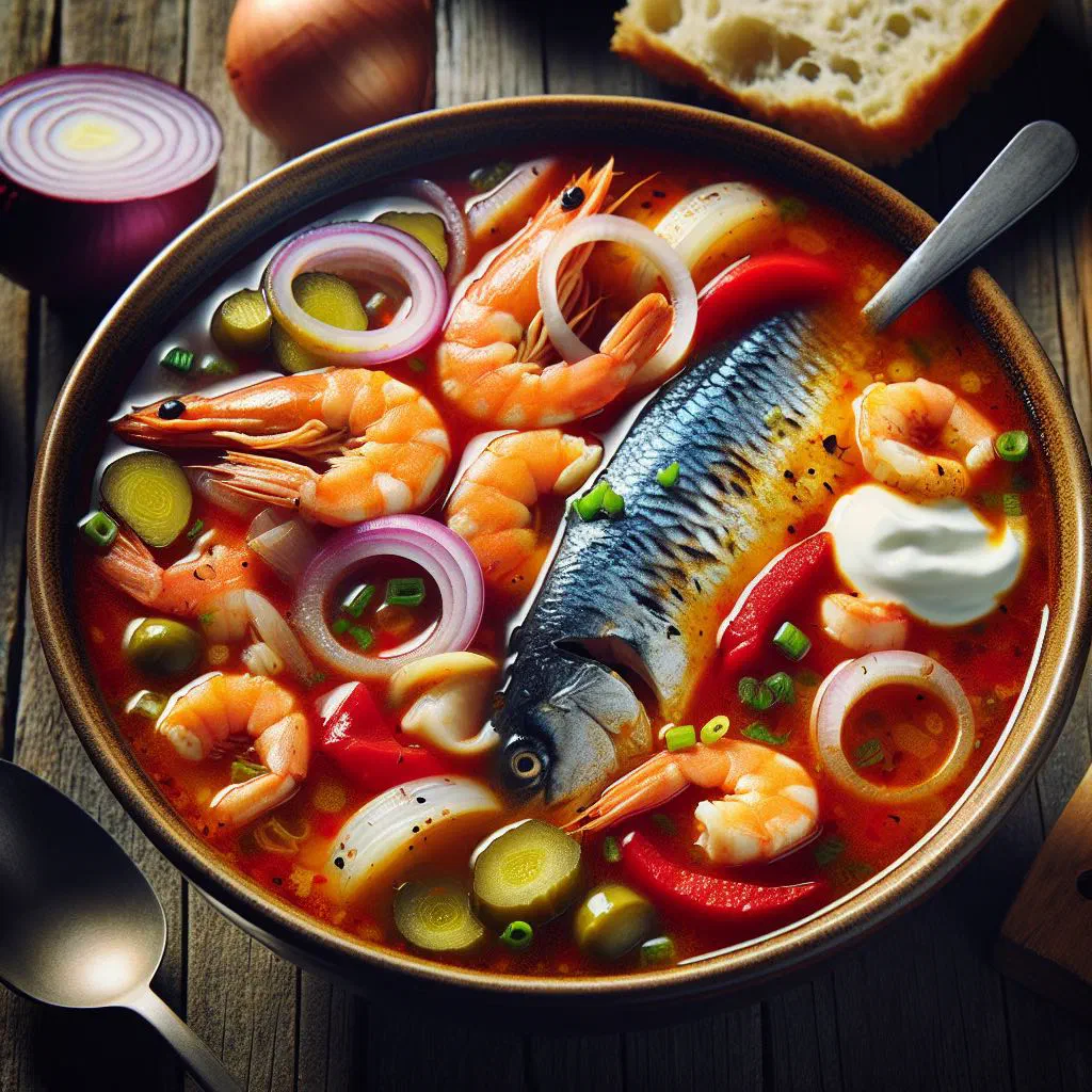 A bowl of Mecklenburg fish solyanka with chunks of fish, peppers and a slice of lemon