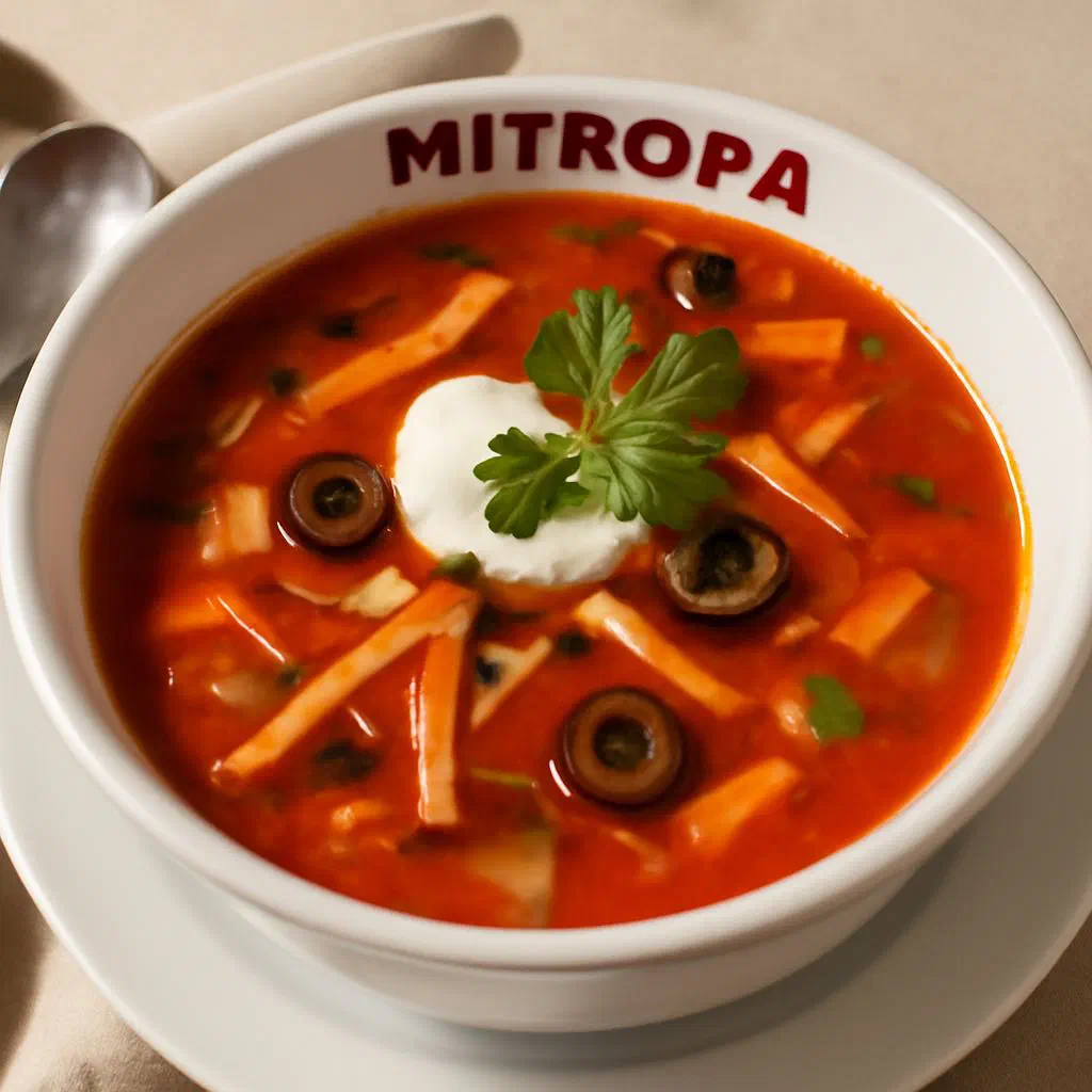 A bowl of hearty Mitropa solyanka with sausage strips and a swirl of soured cream