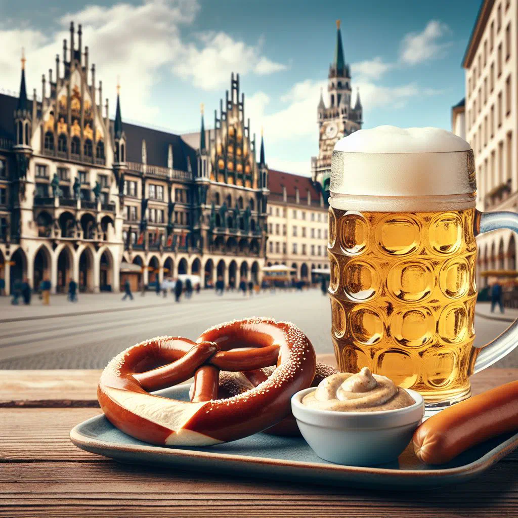 Munich weisswurst breakfast with white sausages, sweet mustard and a fresh pretzel