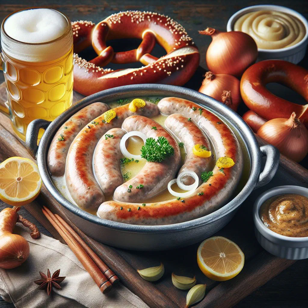 Munich white sausages served warm with sweet mustard and a pretzel