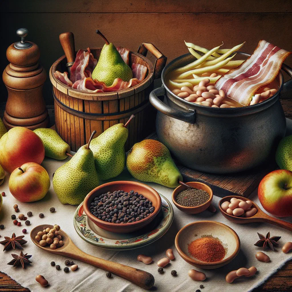 Northern German stew of pears, green beans and bacon in a rustic bowl