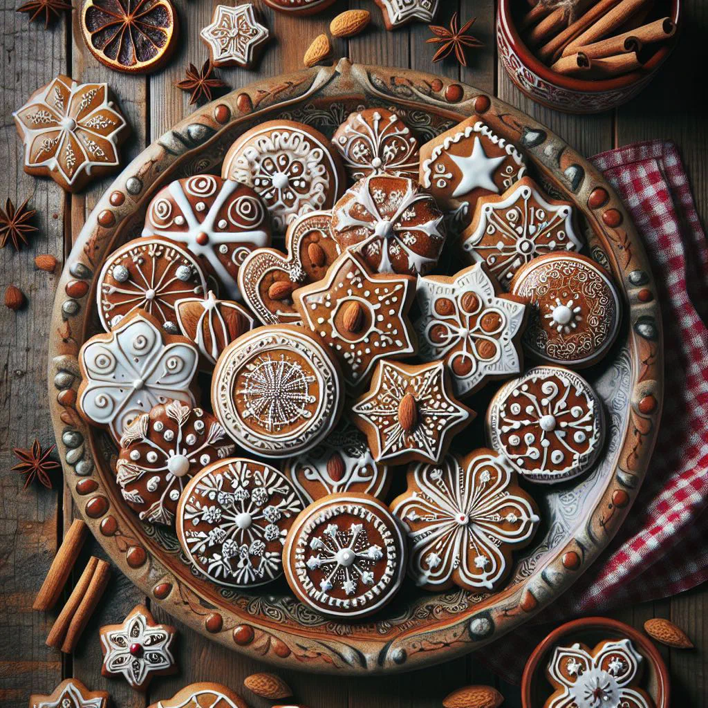 Round Nürnberger Lebkuchen gingerbread biscuits dusted with sugar glaze