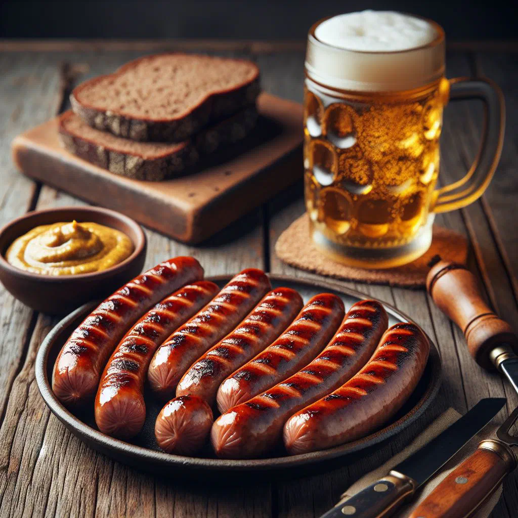 Grilled Nuremberg bratwurst sausages with mustard and a crusty roll