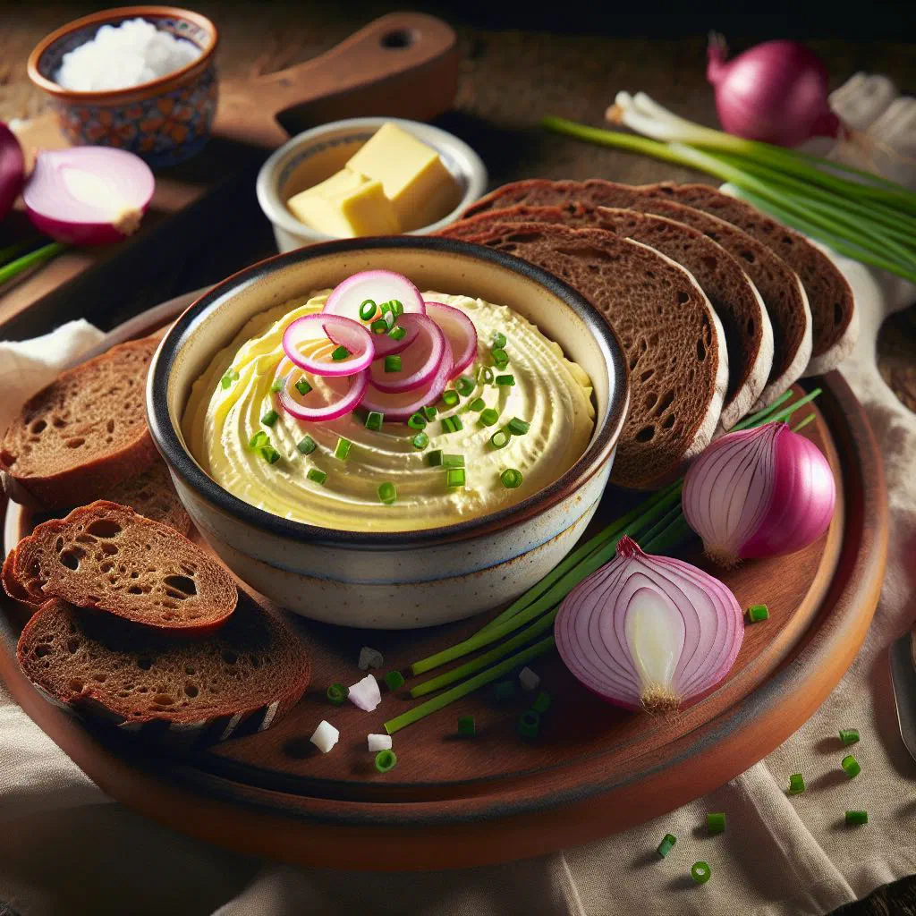 Creamy Obatzter cheese spread dusted with paprika, served with a pretzel