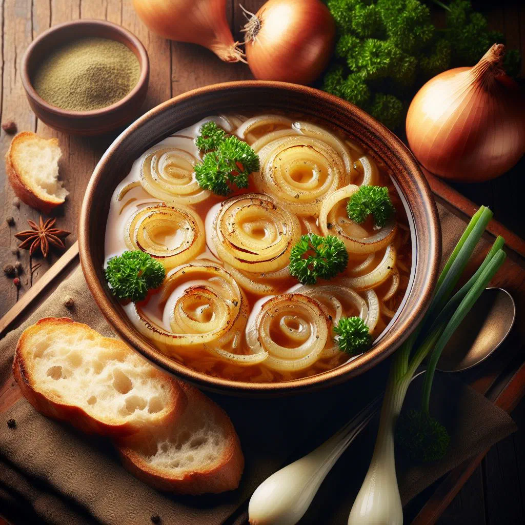 German onion soup topped with toasted bread and a golden cheese crust