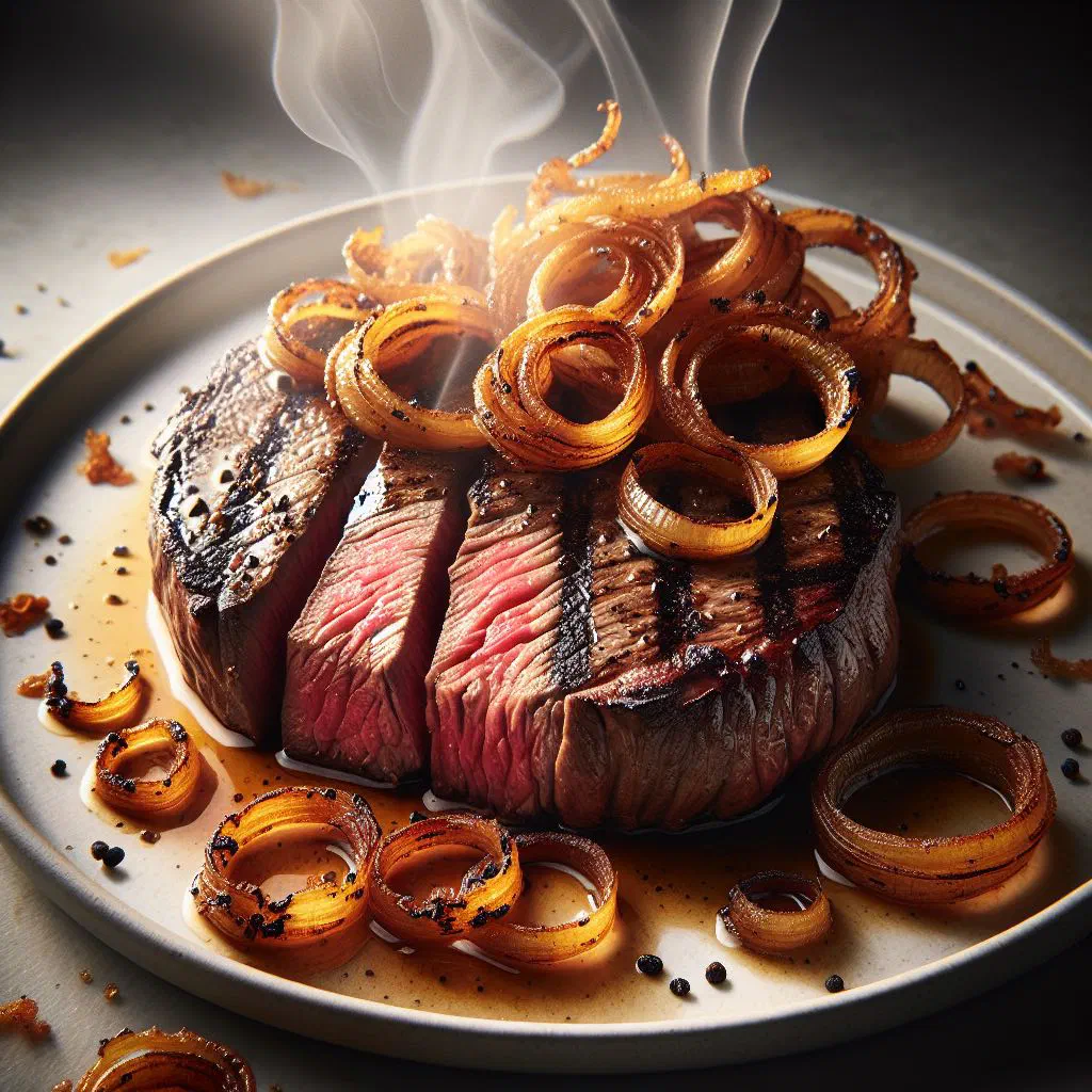 Juicy onion steak topped with golden fried onion rings and fresh parsley