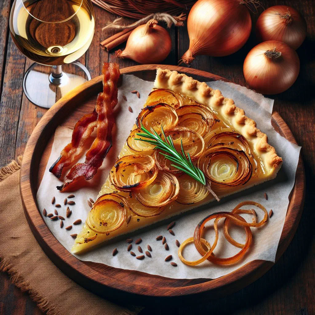 Golden-baked German onion tart with bacon and a creamy topping
