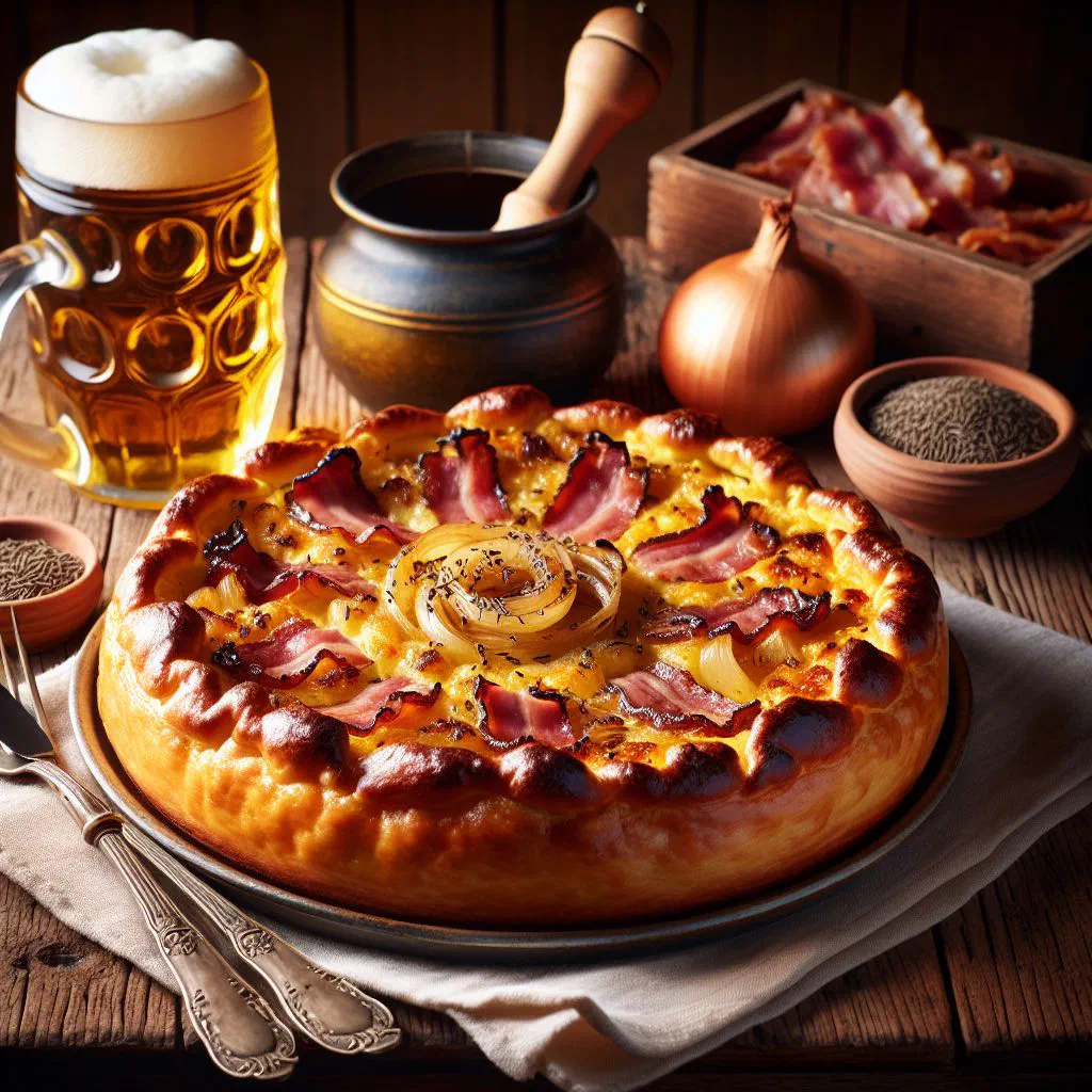 Golden onion tart with bacon baked in a springform tin