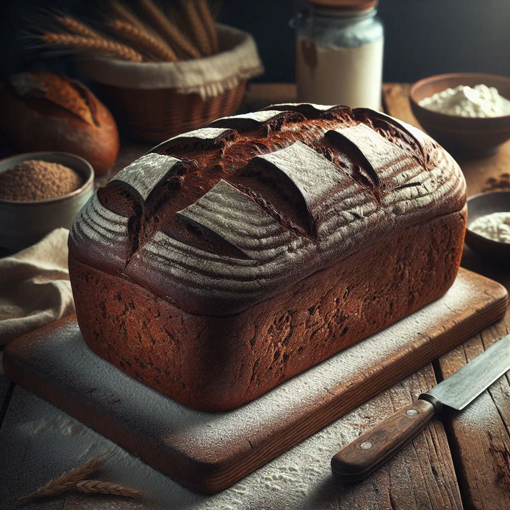 Rustic loaf of Paderborn country bread with a crackled golden crust, sliced on a wooden board