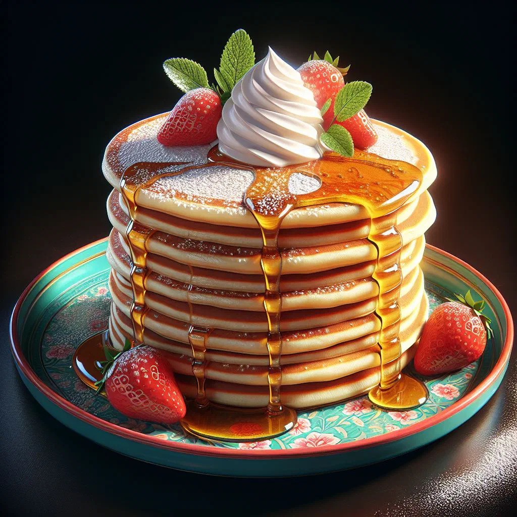 Golden German pancakes stacked on a plate, dusted with sugar