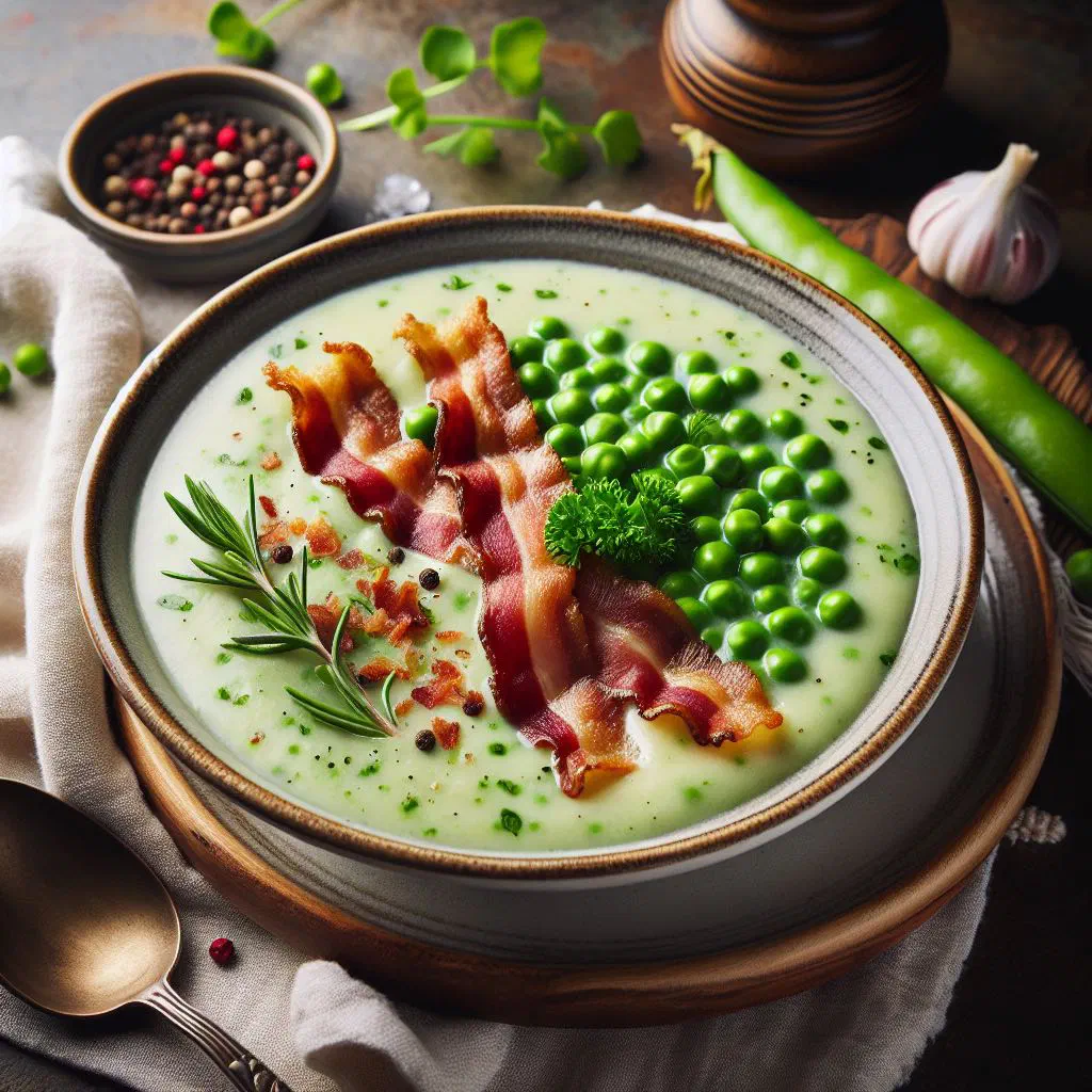 A rustic bowl of thick German pea soup garnished with fresh parsley