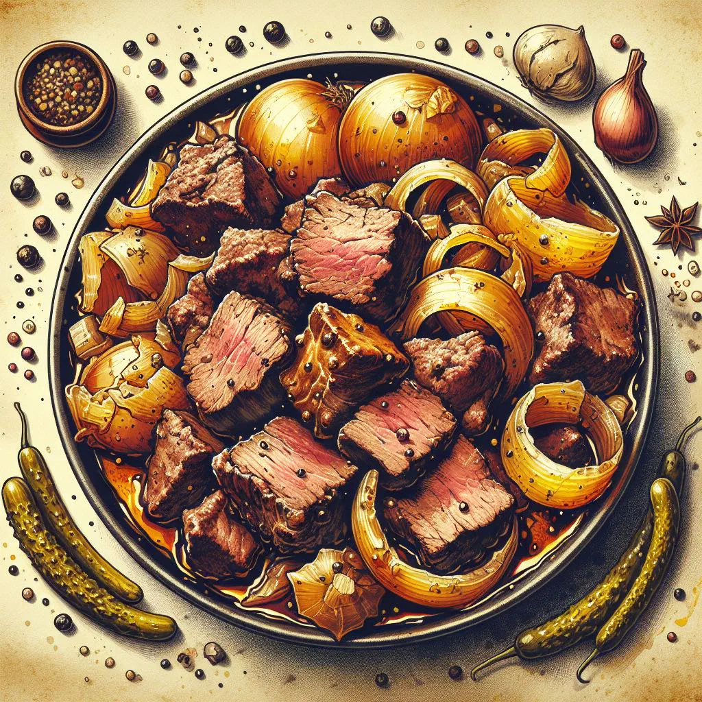 Pfannenschlag with crispy potato slices, juicy meat and fresh herbs in a pan