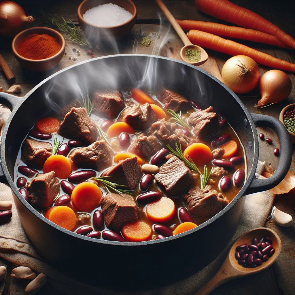 Hearty Westphalian beef stew Pfefferpotthast in a rustic bowl