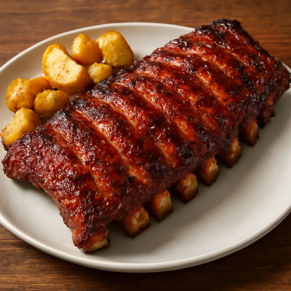 Braised pork ribs in a rich onion sauce on a plate