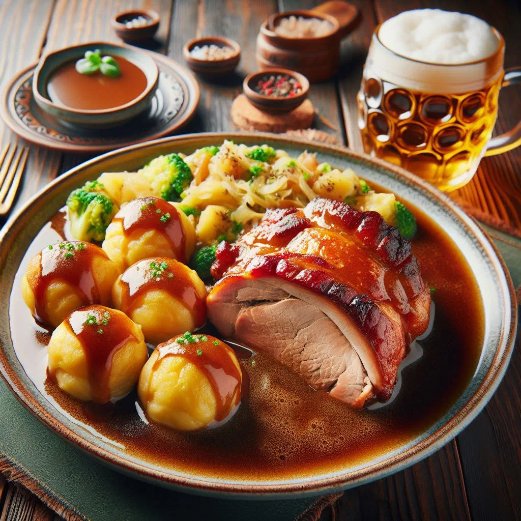 Sliced German pork roast with crisp crackling and rich gravy